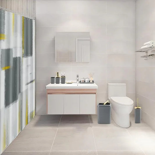 XLHOMO Grey Bathroom Accessories Set, Bathroom Sets with Shower Curtain, Grey Bathroom Accessories with Trash Can, Soap Dispenser, Soap Dish, Toilet Brush Holder, Qtip Holders for Bathroom - ModernBath