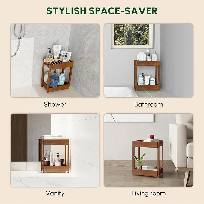 BEEFURNI Acacia Wood Shower Caddy, 2 Tier Shower Organizer, Sturdy Corner Shower Caddy, Wooden Bathroom Shelves Freestanding, Bathroom Standing Shelf (2T) - ModernBath