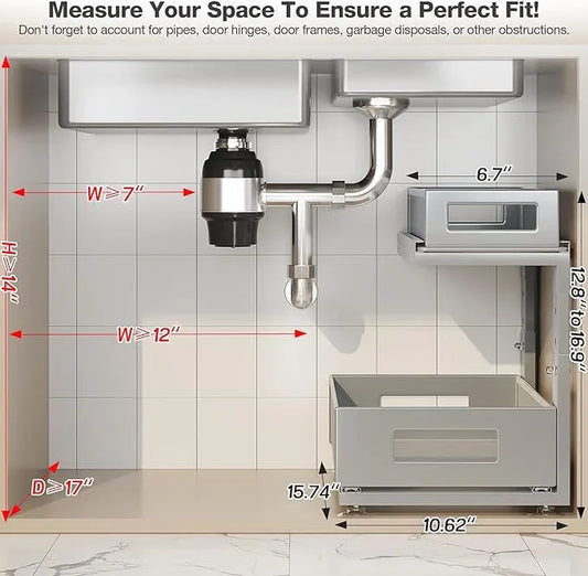 2 Pack 15.74IN-Depth Under Sink Organizer With Next-Gen Ball-Bearing Slides,2-Tier Pull Out Cabinet Storage,Height Adjustable Drawer Shelf for Bathroom,Kitchen,Laundry,Cabinet,Pantry-Gun Gray - ModernBath