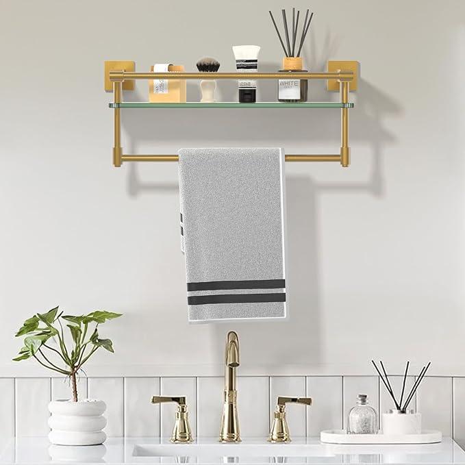 Bathroom Glass Shelf Brushed Gold Finish with Towel Rack, SUS304 Stainless Steel, 16-inch Tempered Glass Shelves for Wall - ModernBath
