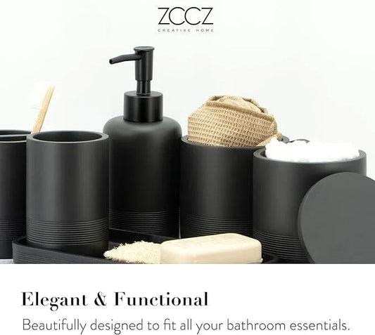 ZCCZ Black Matte Bathroom Accessories Set 6 Pieces - Toothbrush Holder, Lotion Dispenser, Qtip Container, Vanity Tray, Tumbler - Countertop Organizer for Bathrooms - Elegant and Functional Décor Set - ModernBath
