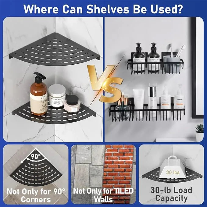 2 Pack Corner Shower Shelves 304 Stainless Steel Shower Corner Shelf Matte Black 8 in Corner Shower Shelf Prevent Rust Drilling Installation - ModernBath