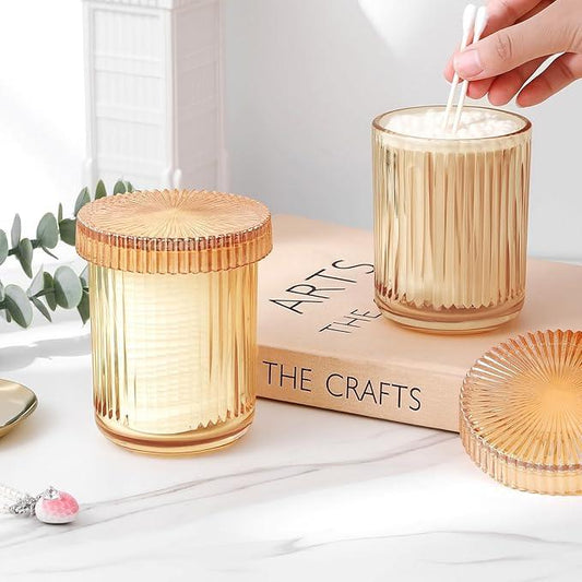 rejomiik Glass Qtip Holder Dispenser 2 Pack, Bathroom Canister Apothecary Jars with Lids, Vanity Makeup Accessories Storage Organizer for Cotton Swabs, Cotton Balls, Pads, Floss Picks, Amber - ModernBath