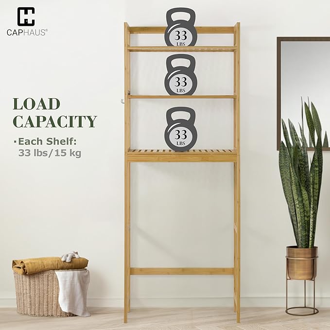 CAPHAUS Over The Toilet Storage Rack, 3-Tier Bamboo Bathroom Organizer Shelf Rack with Adjustable Feet &Hooks, Freestanding Toilet Shelf, Bathroom & Laundry Organizer, Balcony Plant Stand, Natural