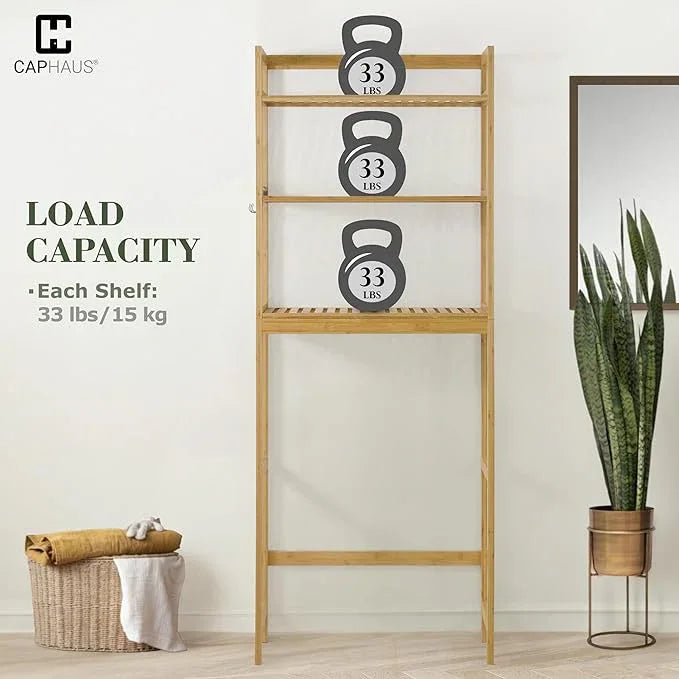CAPHAUS Over The Toilet Storage Rack, 3-Tier Bamboo Bathroom Organizer Shelf Rack with Adjustable Feet &Hooks, Freestanding Toilet Shelf, Bathroom & Laundry Organizer, Balcony Plant Stand, Natural - ModernBath