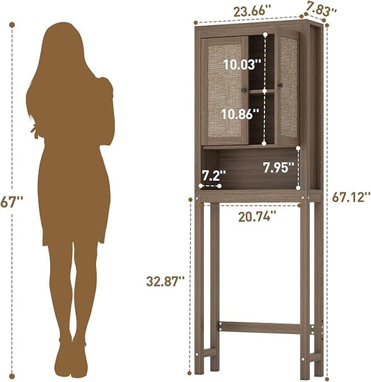 knoworld Rattan Over The Toilet Storage Cabinet, Above Toilet Bathroom Organizer with Adjustable Shelf, Behind Toilet Cabinet, Space Saver for Restroom, Bathroom, Laundry, Caramel Oak