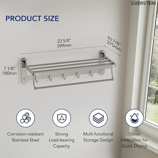 Bathroom Towel Rack with Storage Shelf and 5 Hooks, 23.6 in Foldable Towel Shelf Bar, Wall Mounted Lavatory Organizer,Brushed Nickel - ModernBath