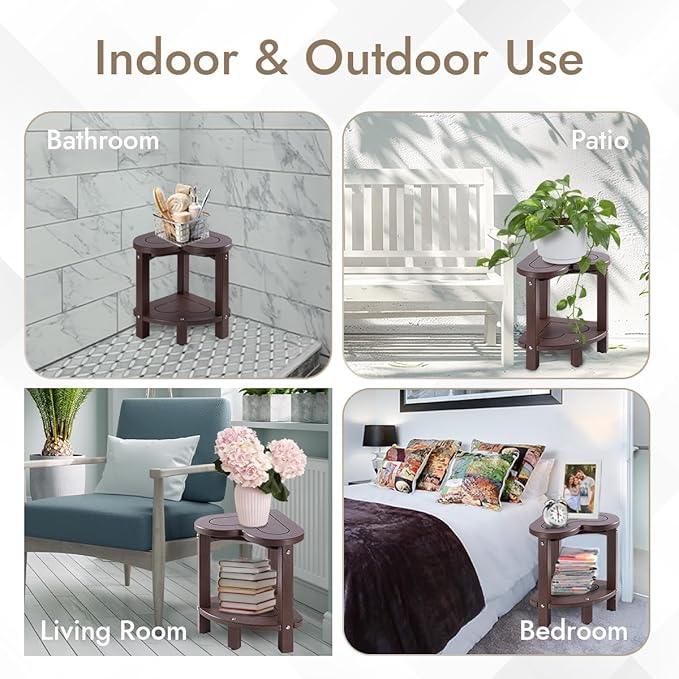UHA Corner Shower Stool for Inside Shower - Waterproof Corner Shower Bench, HDPE Plastic Bathroom Bench, Adjustable Height Corner Chair for Shaving Legs,Storage Shelf,Non-Slip Feet, Coffee - ModernBath