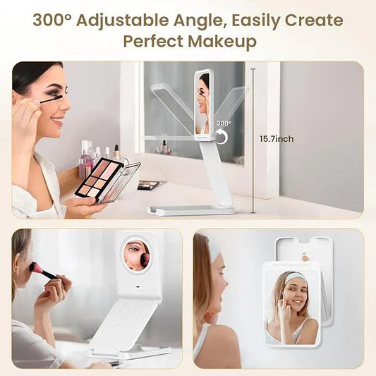 LAMPICK Travel Makeup Mirror with Lights, Foldable 1X Vanity Lighted Mirror with 10X Magnification, Rechargeable 1500mAh, Dimmable Touch Screen, Freely Adjust Height and Angle - ModernBath