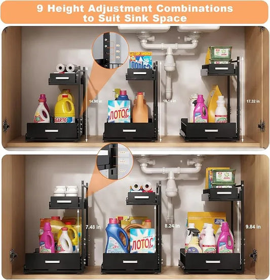 Under Sink Organizer,2 Tier Slide Out Kitchen Cabinet Organizers with Pulley,Under Bathroom Sink Pull Out Organizer with Multiple Height Adjustments for Kitchen and Bathroom Cabinets-Black - ModernBath