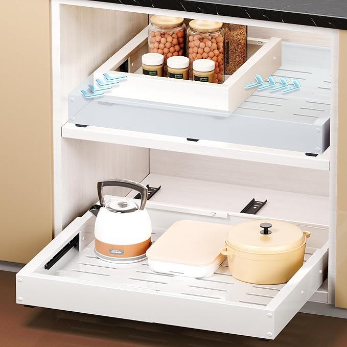 2 Pack Pull Out Cabinet Organizer, Slide Out Drawer Expandable Width (12"-19") and Depth (17"-23") With 3 Slides, Fixed with Adhesive Film or Nail for Cabinets in Kitchen, Pantry or Bathroom - ModernBath