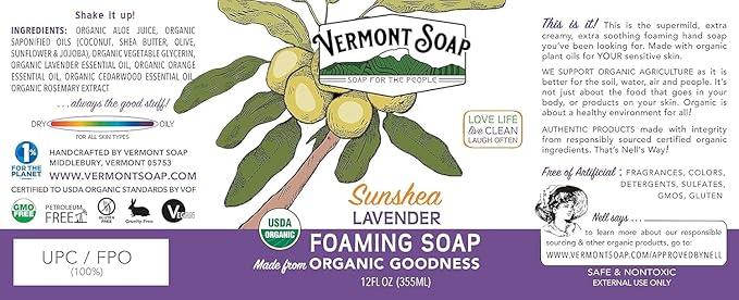 VERMONT SOAP Organic Lavender Foaming Hand Soap - Natural Moisturizing Soap for Dry Skin - Fragrance Free Liquid Bathroom Hand Soap Dispenser - Lavender - 12 oz - ModernBath