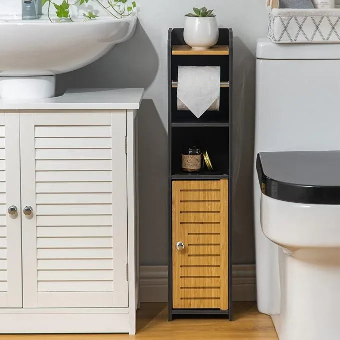 AOJEZOR Toilet Paper Holder Stand: Small Bathroom Storage Cabinet - Black - Bamboo - ModernBath