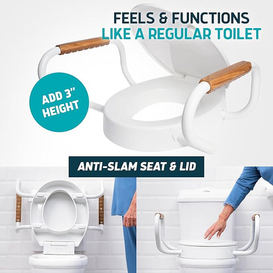 Lunderg Raised Toilet Seat with Handles - Round/Standard - Easy to Install Toilet Seat Risers for Seniors - Adds 3 Inches & Works like the one you’ve always used - Elegant design - No Hospital Vibe