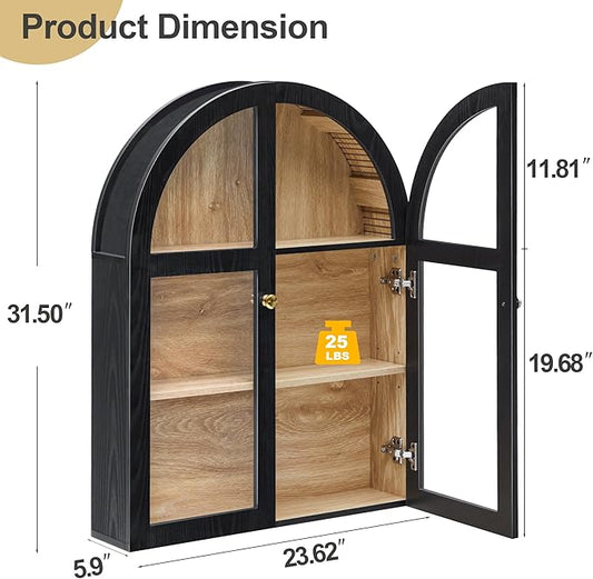 Arched Bathroom Wall Cabinet, Arch Medicine Cabinet Wall Mounted with Acrylic Doors, Wall Over The Toilet Storage Cabinet with Adjustable Shelves for Laundry Room, Kitchen (Black)