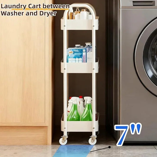 3 Tier Narrow Rolling Storage Cart for Laundry Room Bathroom Kitchen, 7.1'' Slim Utility Cart with Wheels and Lockable Casters Standing Shelf for Small Space & Between Washer and Dryer, White - ModernBath