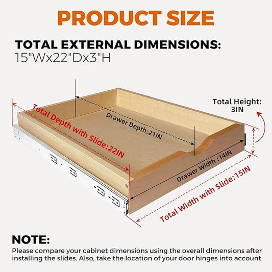 Pull Out Drawers for Cabinet Wood Slide Out Cabinet Organizer and Storage Cabinet Kitchen Drawers Slide Out Shelves Pull Out Shelves in Kitchen Pantry Bathroom with Soft Close 15"W x 22"D x 3"H