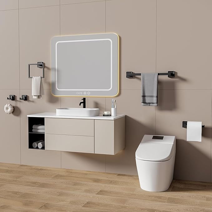 5-Piece Bathroom Hardware Set, Modern Square Black SUS304 Stainless Steel Wall Mounted Accessories for Bathroom & Toilet, Includes Towel Bar, Ring, Toilet Paper Holder and Double Hooks