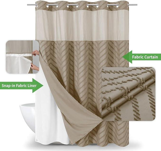 eachope No Hook Boho Farmhouse Shower Curtain with Snap-in Fabric Liner set-71Wx86H(84H),Beige Tufted Chevron Striped Hotel Grade Cloth Shower Curtains for Bathroom with Window,Water Repellent - ModernBath
