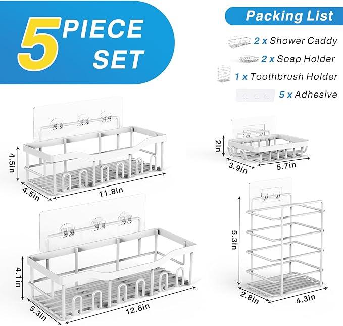 EUDELE 5-Pack Rustproof Stainless Steel Shower Caddy – No Drill Adhesive Bathroom Organizer with Large Capacity, Spacious Shower Shelves for Inside Shower, Kitchen & Home Decor Storage-XL Size - ModernBath