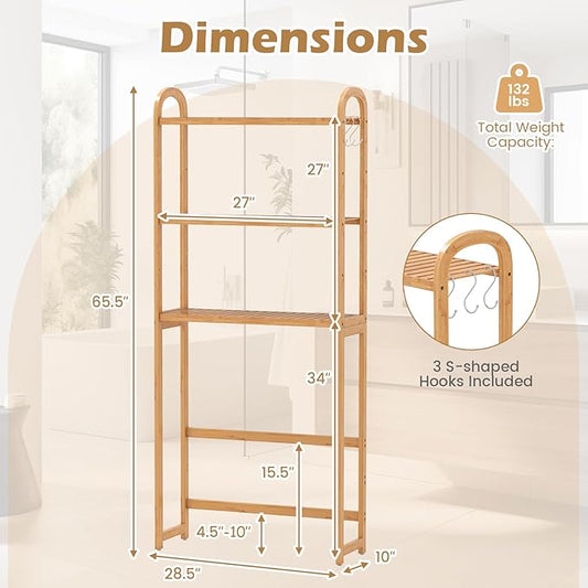 Tangkula Bamboo Over The Toilet Storage, 3-Tier Over Toilet Organizer Rack with 5-Position Adjustable Shelves, 3 Hooks, Adjustable Bottom Bar, Laundry Room Shelf, 28.5" Wide Bathroom Space Saver