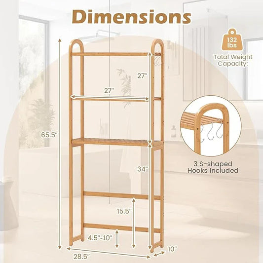 Tangkula Bamboo Over The Toilet Storage, 3-Tier Over Toilet Organizer Rack with 5-Position Adjustable Shelves, 3 Hooks, Adjustable Bottom Bar, Laundry Room Shelf, 28.5" Wide Bathroom Space Saver - ModernBath
