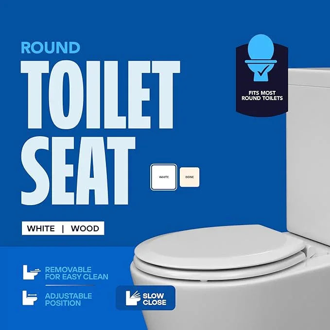 HIGHCRAFT Premium Round Toilet Seat with Slow-Close Design, Adjustable Hinges & Quick Removal Mechanism - Molded Wood Toilet Seat - Fits Standard Round Toilets - Toilet Seat in White - ModernBath
