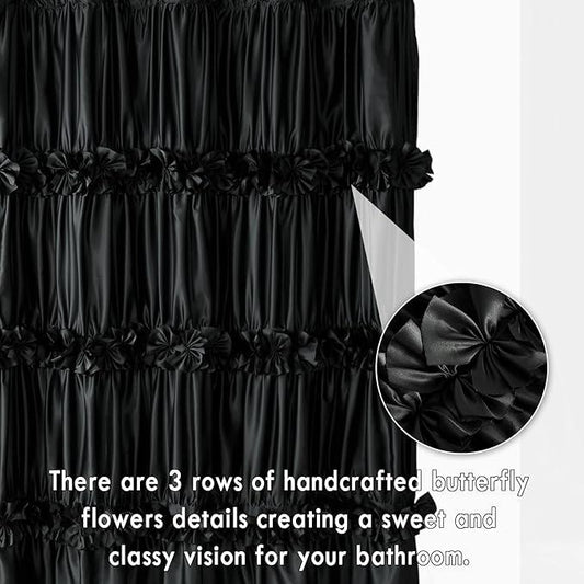 Homechoice Decor Black Ruffle Shower Curtain, Vintage Handcrafted Bow Tie Bath Curtain for Master Bathroom, Ruched Satin Bathroom Curtain with 12 Buttonholes, 72" W x 84" H (LQ-10) - ModernBath