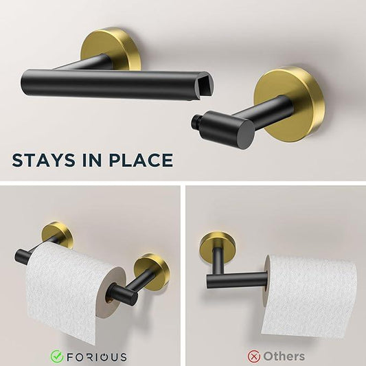 FORIOUS Toilet Paper Holder Wall Mount, SUS304 Stainless Steel Double Post Pivoting Tissue Roll Holder and Hand Towel Ring Set for Bathroom, RV, Bathroom Hardware Accessories Set, Black Gold - ModernBath