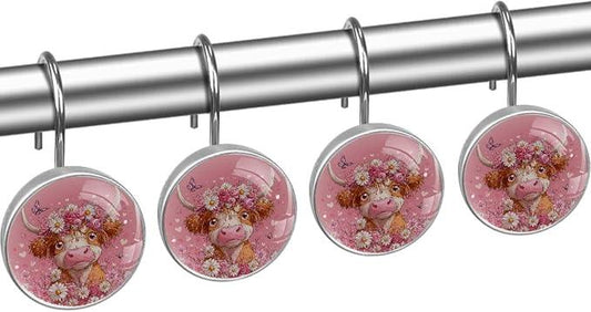 Pink Florals and Highland Cow Rust Proof Shower Curtain Hooks 12Pcs for Bathroom Shower Rod, Decorative Shower Hooks Shower Curtain Hanger Rings Roller, Glass, Resin, Stainless Steel - ModernBath