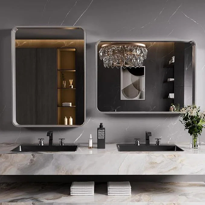 JISOSO Brushed Nickel Bathroom Mirror 40x32 Inch, Brushed Silver Metal Frame Mirror Wall Mounted, Rounded Rectangle Bathroom Vanity Mirror, Tempered Glass, Anti-Rust, Horizontal/Vertical - ModernBath