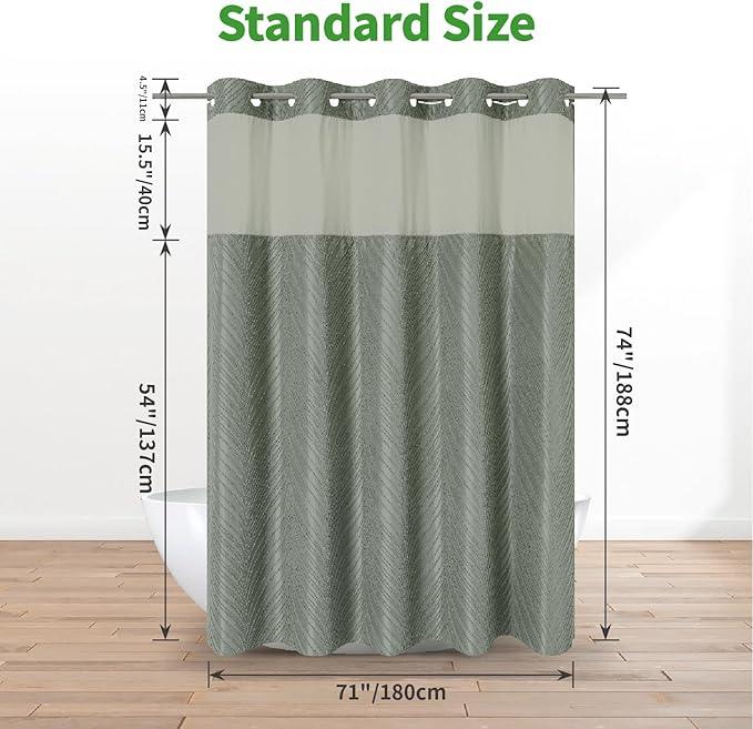 eachope no Hook Shower Curtain and Liner Set,Boho Style with See Through Top Window, SageGreen Fabric Tufted Striped Textured Outer Curtain & Waterproof Inner Liner, SageGreen, 71Wx74H - ModernBath