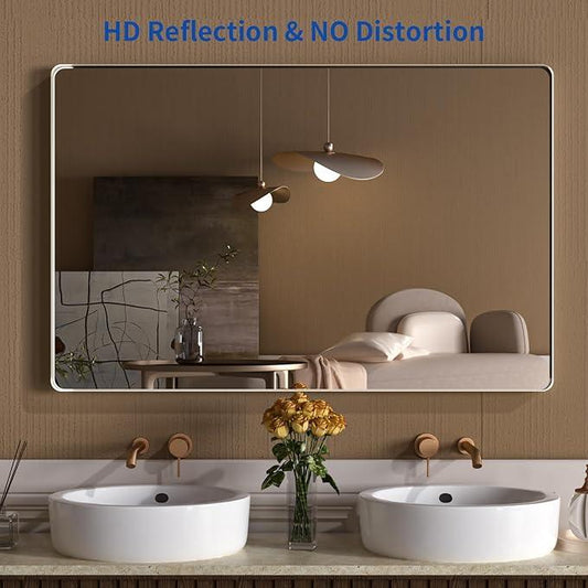 WEER 55X30 Inch Brushed Nickel Bathroom Mirror, Brushed Silver Metal Frame Mirror, Rounded Rectangle Silver Bathroom Vanity Mirror, Tempered Glass, Anti-Rust, Hangs Horizontally or Vertically - ModernBath