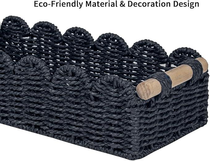 CubesLand Scalloped Edge Decor Baskets for Home, Living Room, Toilet Paper Storage Basket for Over Toilet Shelf, End Table,Shelves and More, Small Paper Rope Baskets Both Storage&Decor, Set 2 Black - ModernBath