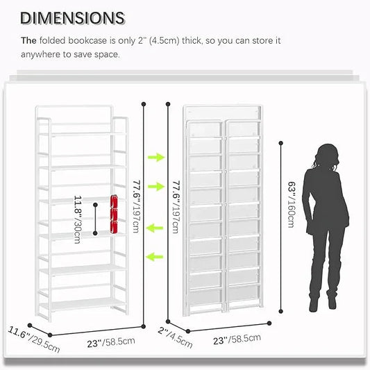 4NM No Assembly 6 Tiers Folding Bookshelf Storage Shelves Vintage Bookcase Standing Racks Study Organizer Home Office (All White) - ModernBath