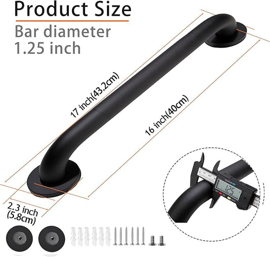 Rackickyer Shower Grab Bar, 2 Pack 16 Inch Black Bathroom Grab Bar, 1.25" Diameter 304 Stainless Steel Anti-Slip Grab Bars for Bathtubs and Showers, Handicap Shower Grab Bar for Seniors Elderly