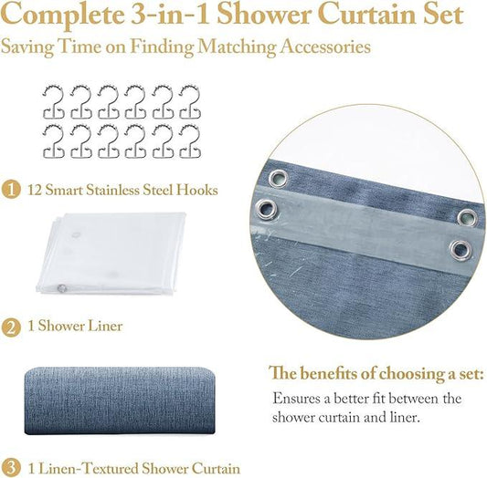 FY&XZH 3-in-1 Fabric Shower Curtain Set,Double Waterproof Linen-Texture Shower Curtain with PEVA Liner That Fully Prevents Splashes,Soft Shower Curtains with 12 Anti-Fall Hooks,72"x72" (Dark Blue) - ModernBath