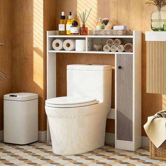 Giantex Over The Toilet Storage Cabinet, Freestanding Bathroom Organizer w/Single Door Cabinet & Open Shelves, Space-Saving Toilet Rack w/Adjustable Shelves for Laundry Room (White) - ModernBath