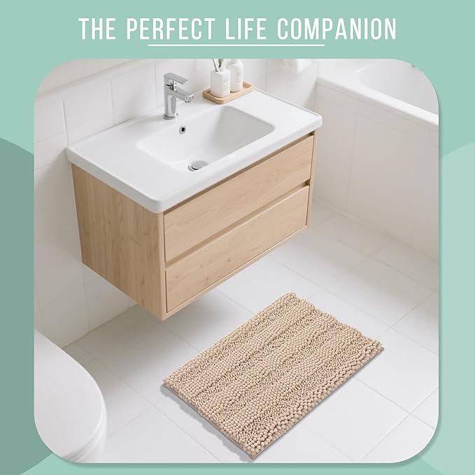 Yimobra Bathroom Rug Mat, Non Slip and Super Absorbent Bath Mat, Machine Washable Quick Dry, Ultra Plush Chenille Shower Rugs for Bathroom Floor Sink Tub and Shower Outside, Beige, 24 x 17 - ModernBath