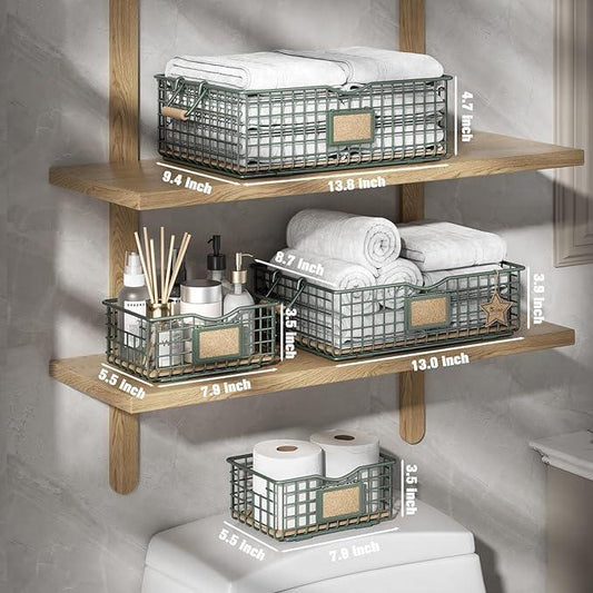 Bathroom Organizers and Storage, 4 Pack Storage Baskets for Shelves, Multipurpose Bins Organizer with Wooden Handles, Decorative Organizer Basket Set for Bathroom, Laundry, Living Room - Green - ModernBath