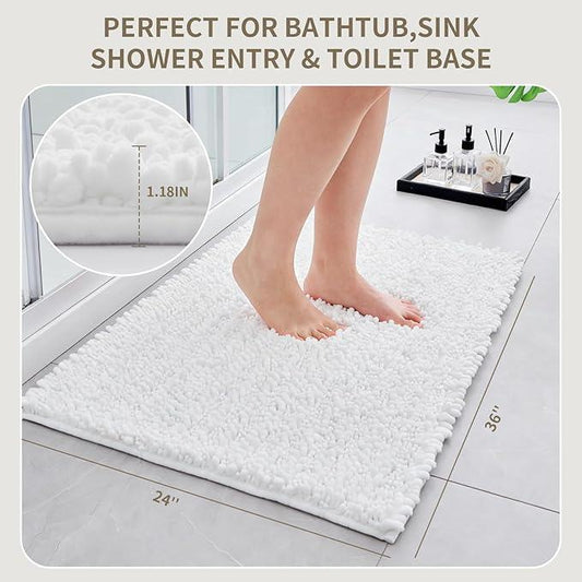 Ruggnovea Chenille Bathroom Rugs Non Slip Washable 36x24, Extra Thick Soft Absorbent Chenille Bath Mat, Non-Slip Barrier Backing, Quick Dry Machine Washable Bath Mats Tub, Shower,Floor/Sink,White - ModernBath