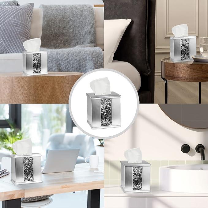 Zahari Home 2pc Sinatra Silver Modern Bath Accessories Set Waste Basket & Tissue Box Modern Classic Contemporary Decorative Beautiful Designs Bathroom Decor Set for Home Mosaic Glass - ModernBath