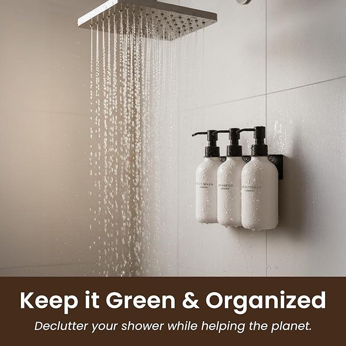 MaisoNovo Shampoo and Conditioner Dispenser - Shower Soap Dispenser Wall Mounted - 16.9 fl oz Set of 3 White Plastic Bottles Black Pump - 3 Chamber No Drill - ModernBath