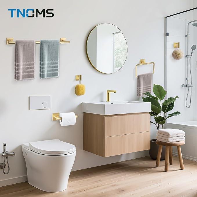 TNOMS Gold Towel Bar Set 5-Piece Brushed Gold Bathroom Hardware Accessories Set Include 23.6in Towel Bar Toilet Paper Holder Towel Ring Towel Hooks,Stainless Steel Towel Holder Set Wall-Mounted - ModernBath