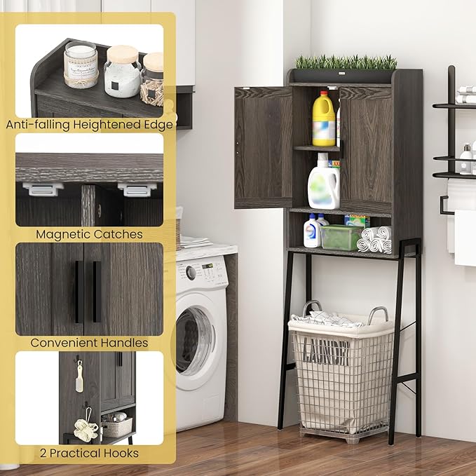 LOKO Double Doors Over The Toilet Storage Cabinet, Freestanding Storage Organizer with Adjustable Shelves, Space Saver Above Toilet Cabinet with Metal Frame, for Bathroom, Laundry (Double Door)