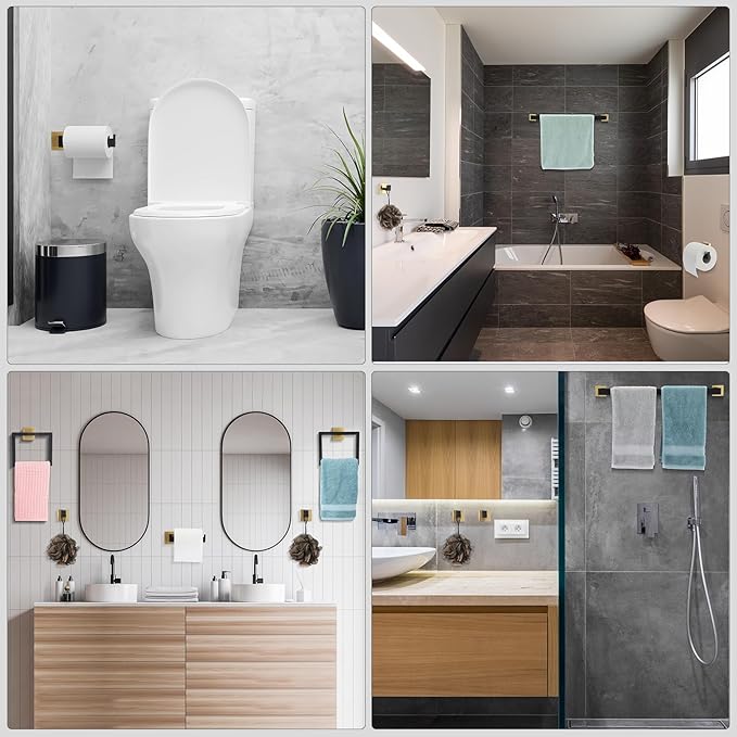 Gisafai 15 Pcs Black Gold Bathroom Hardware Accessories Set 23.6 Inch Bath Towel Bar Kit Stainless Steel Bathroom Hardware Set Towel Racks Ring Robe Hooks Paper Holder for Wall Mounted