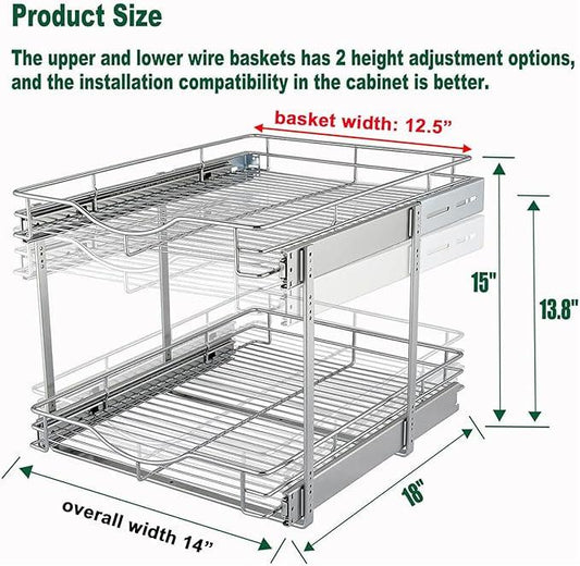 DINDON 2 Tier Pull Out Cabinet Organizer (14" W X 18" D), Double Tier Wire Basket Slide Out Shelf Storage for Kitchen Base Cabinet Organization for Kitchen, Pantry, Bathroom, Chrome - ModernBath