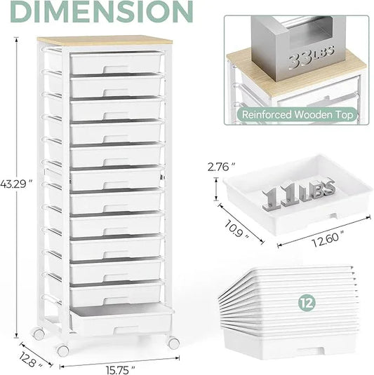 Rolling Cart with Drawers,12 Drawer Rolling Cart,Rolling storage cart with drawers,White Rolling Drawer Cart,Teacher Rolling Cart for Classroom Storage,Craft Cart with Wooden Tabletop - ModernBath
