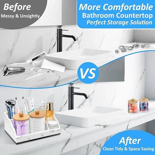 Bathroom Counter Organizer, White Marble Toothbrush Holders for Bathrooms with 2PCS Qtip Holder, Bathroom Organizer Countertop Toothbrush and Toothpaste Holder for Makeup Organizer for Vanity - ModernBath