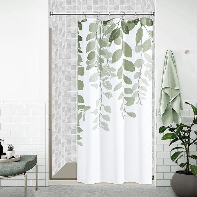 BOODII Sage Green Stall Size Shower Curtains 36x72 inch Spring Eucalyptus Shower Stall Curtain for Bathroom Slub Texture Bath Curtain Floral Leaves Botanical Set Natural Bathroom Decor - ModernBath
